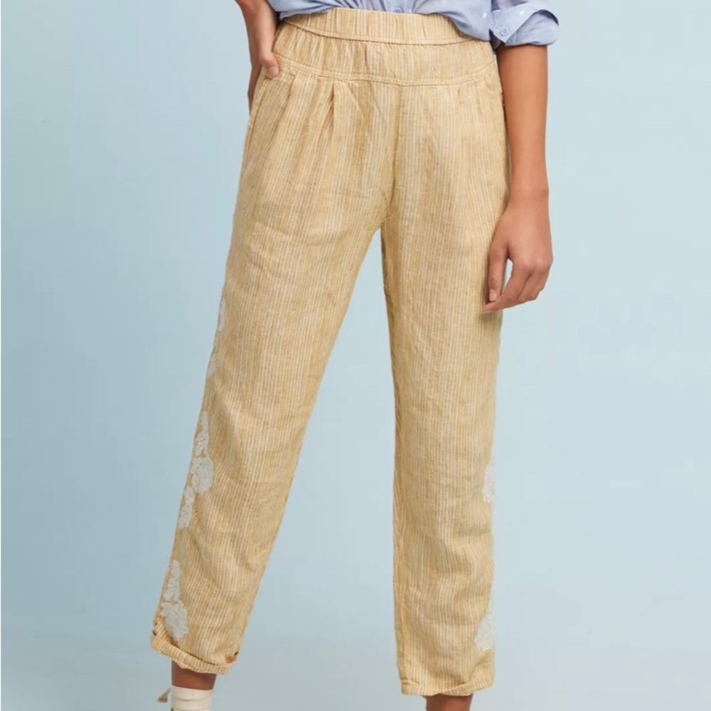 Anthropologie linen striped embroidered pants